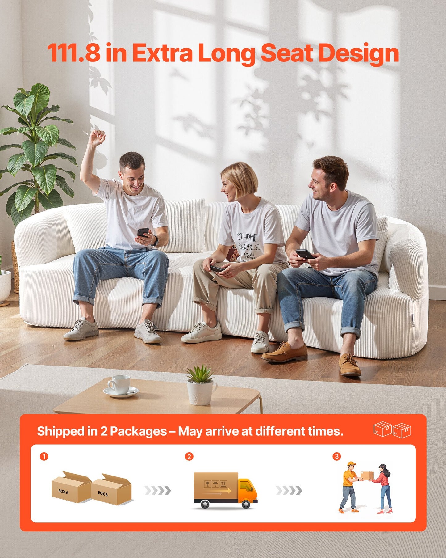 2840 mm Curved Modular Sofa, Modern Luxury Sectional Couch with 4 Pillows, Oversized Cloud Plush Corduroy Sofa Couch with Wide Deep Seat, for Living Room, Bedroom, Apartment, Office, White