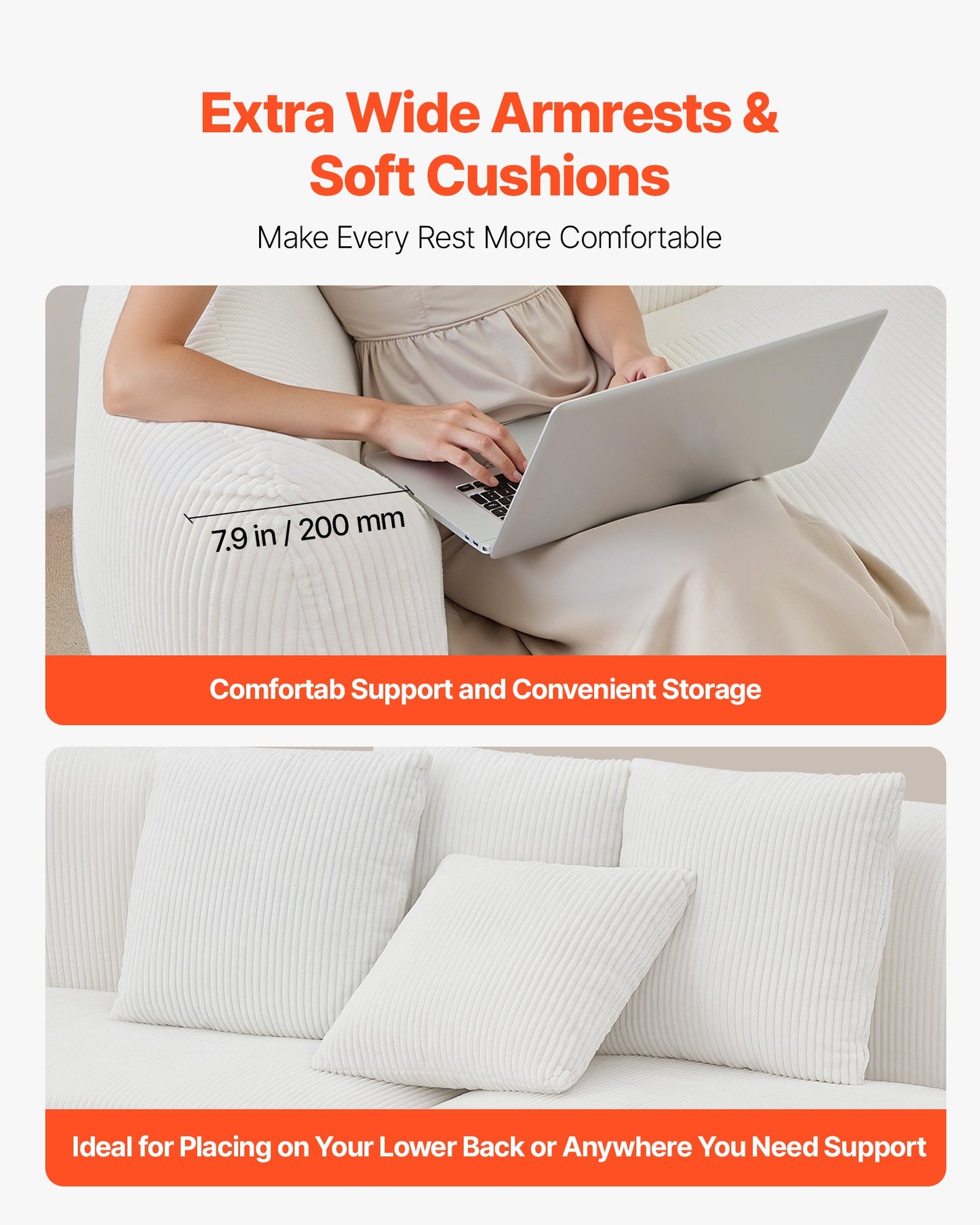 2840 mm Curved Modular Sofa, Modern Luxury Sectional Couch with 4 Pillows, Oversized Cloud Plush Corduroy Sofa Couch with Wide Deep Seat, for Living Room, Bedroom, Apartment, Office, White