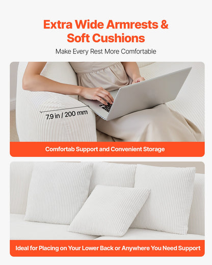 2840 mm Curved Modular Sofa, Modern Luxury Sectional Couch with 4 Pillows, Oversized Cloud Plush Corduroy Sofa Couch with Wide Deep Seat, for Living Room, Bedroom, Apartment, Office, White