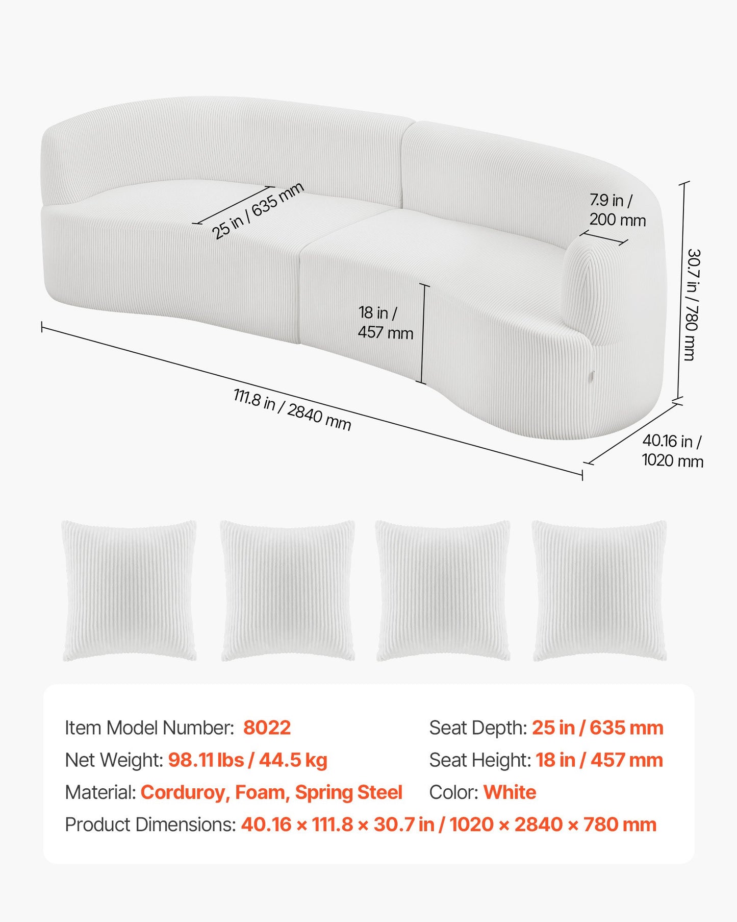2840 mm Curved Modular Sofa, Modern Luxury Sectional Couch with 4 Pillows, Oversized Cloud Plush Corduroy Sofa Couch with Wide Deep Seat, for Living Room, Bedroom, Apartment, Office, White