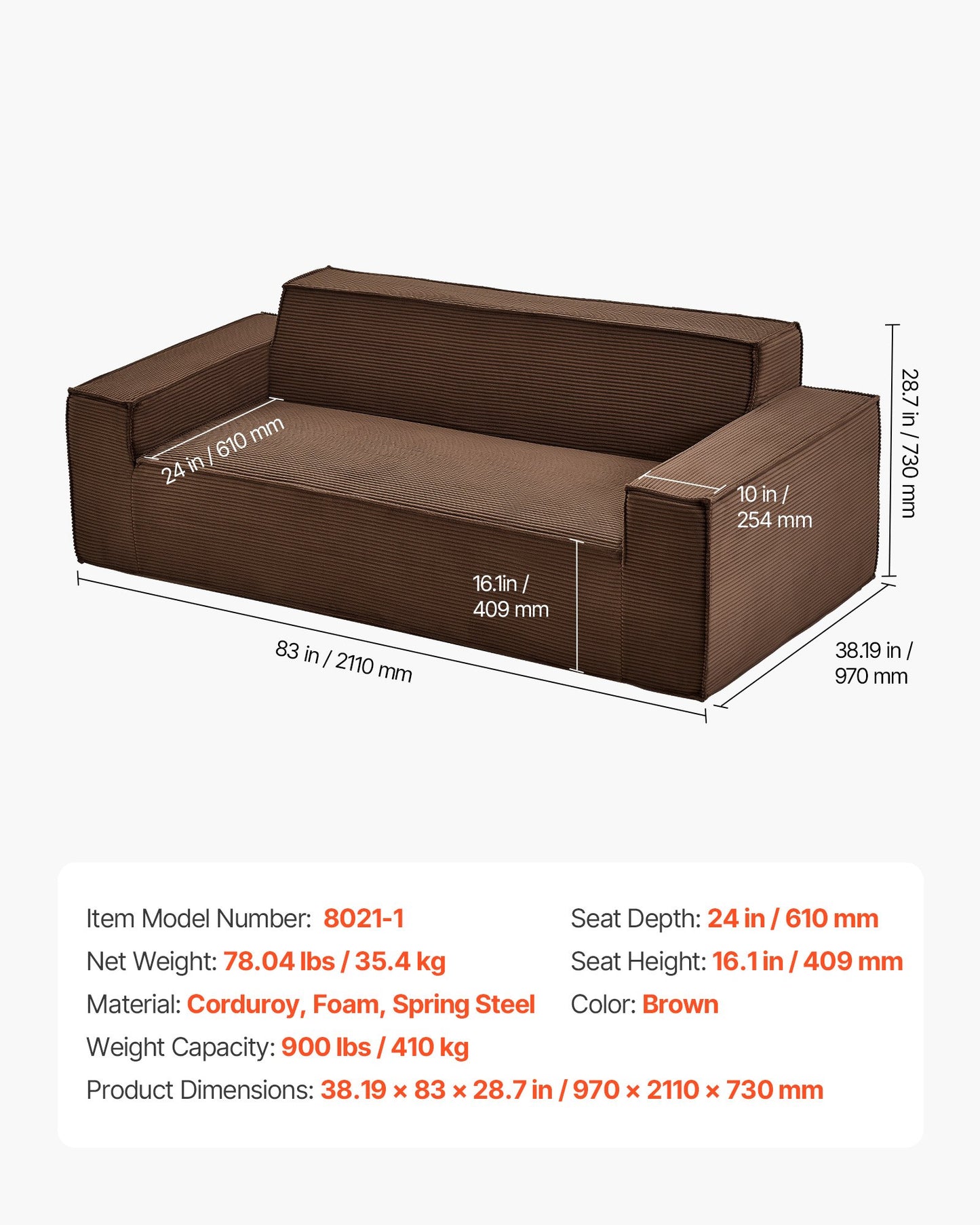 2110 mm Modern Sofa, Comfy Corduroy Couch with Deep Seats, Cloud Sofa with Wide Armrests, No Assembly Required, Large Plush Couch Ideal for Living Room, Bedroom, Apartment and Office, Brown