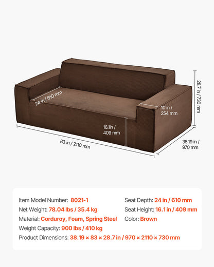2110 mm Modern Sofa, Comfy Corduroy Couch with Deep Seats, Cloud Sofa with Wide Armrests, No Assembly Required, Large Plush Couch Ideal for Living Room, Bedroom, Apartment and Office, Brown