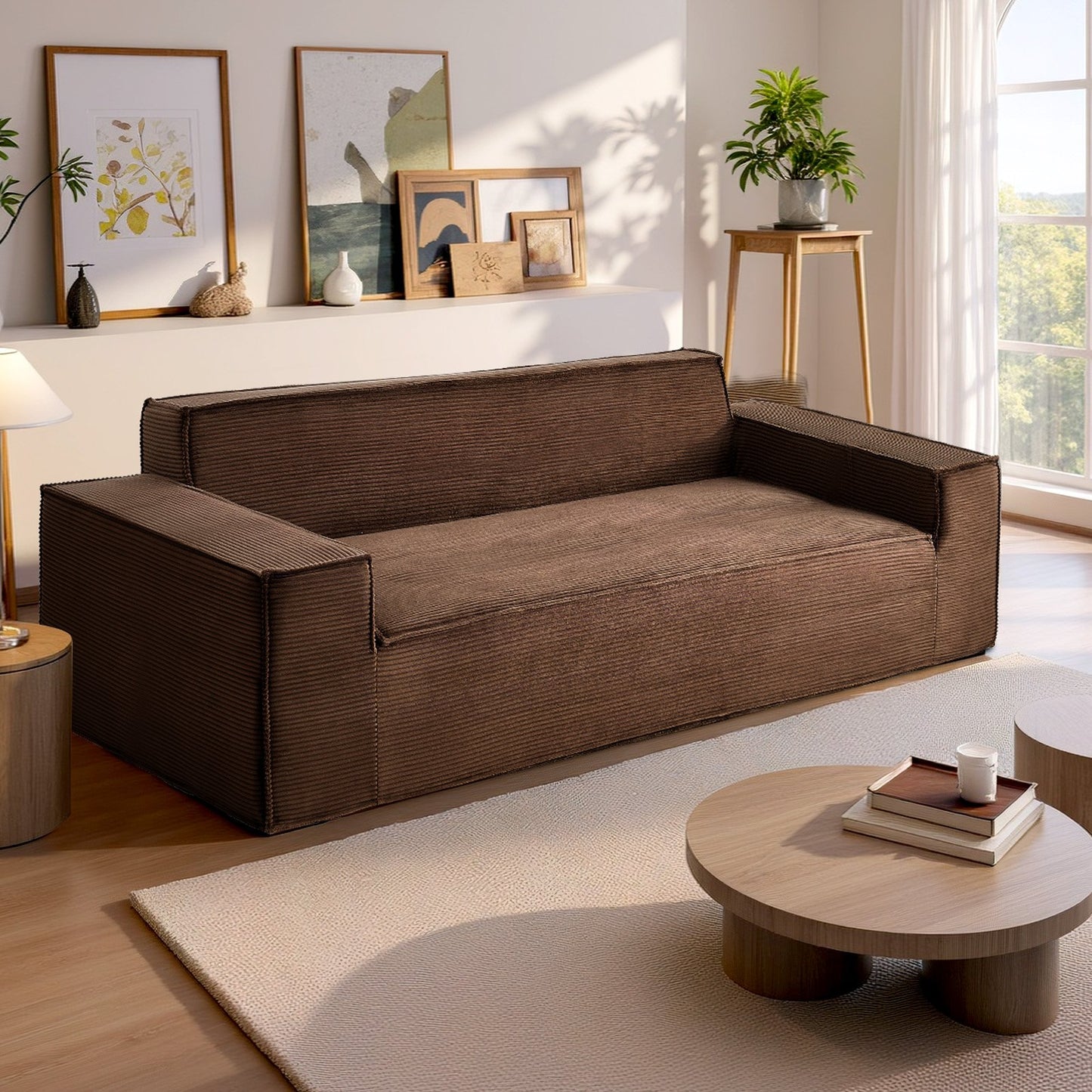 2110 mm Modern Sofa, Comfy Corduroy Couch with Deep Seats, Cloud Sofa with Wide Armrests, No Assembly Required, Large Plush Couch Ideal for Living Room, Bedroom, Apartment and Office, Brown