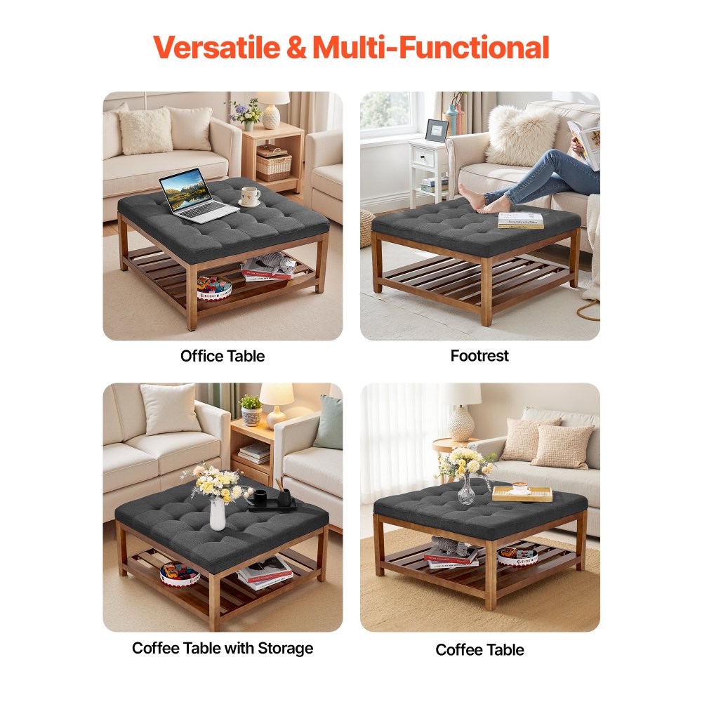 Large Square Ottoman Coffee Table 181.4kg Upholstered Tufted Linen Ottoman