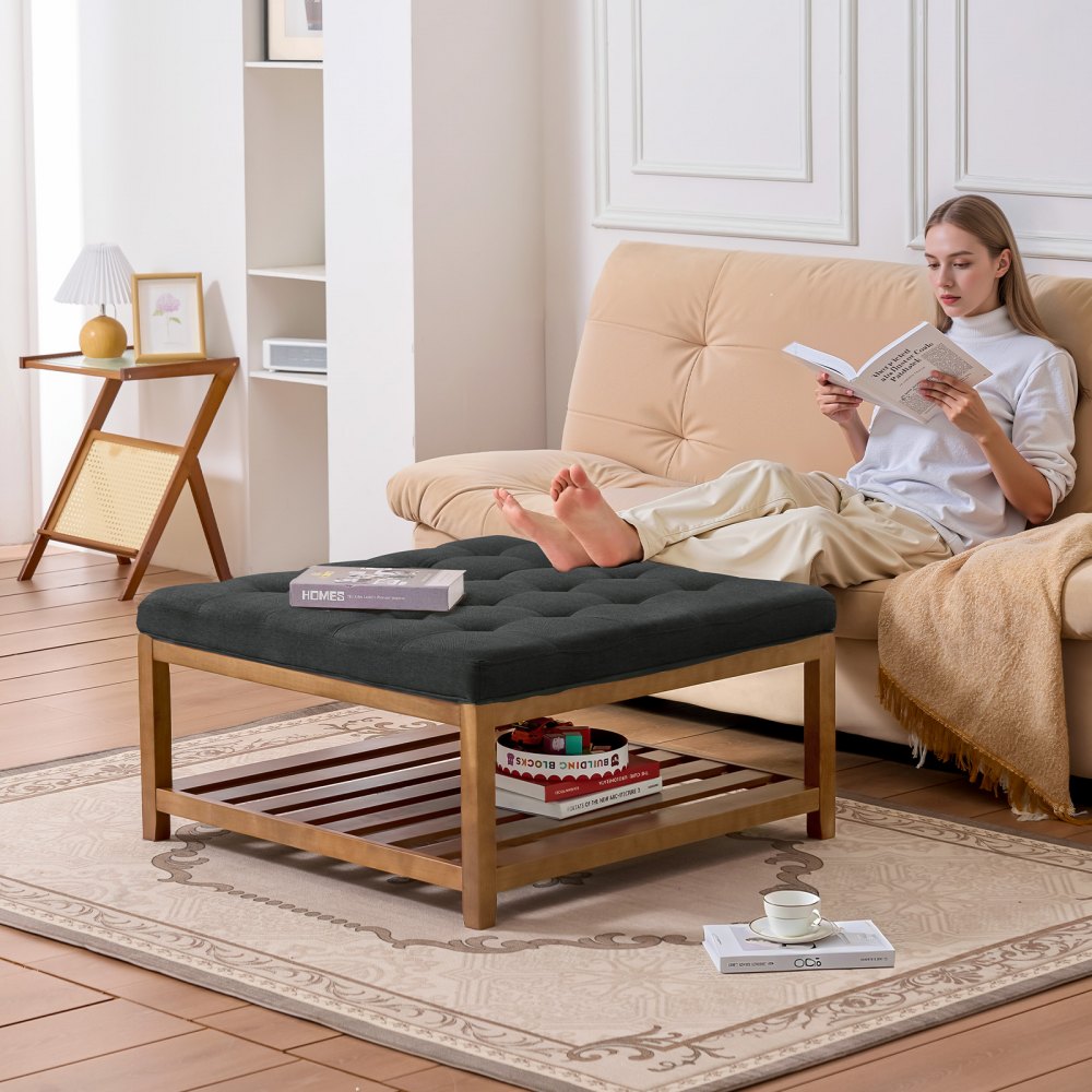 Large Square Ottoman Coffee Table 181.4kg Upholstered Tufted Linen Ottoman