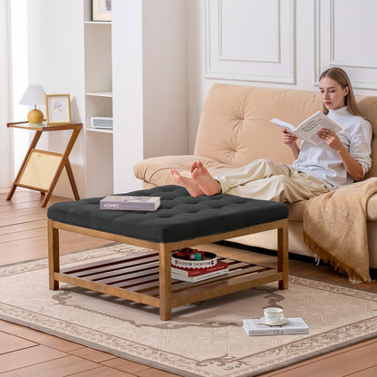 Large Square Ottoman Coffee Table 181.4kg Upholstered Tufted Linen Ottoman