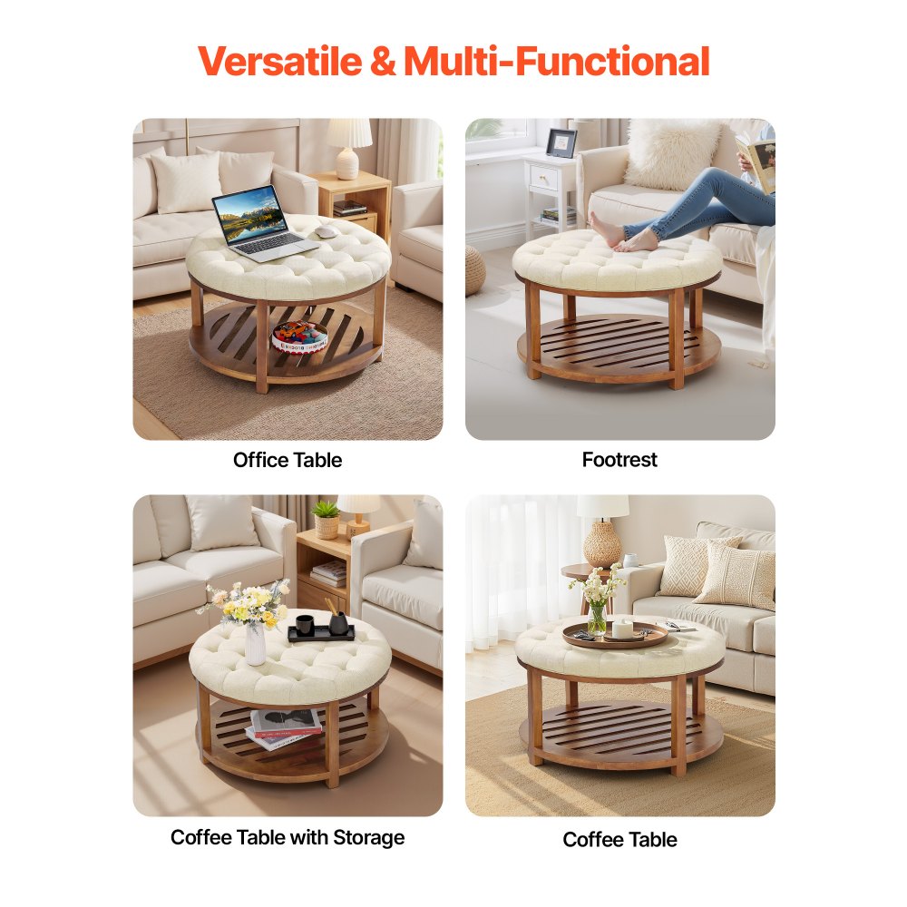 Large Round Ottoman Coffee Table 81cm Upholstered Tufted Linen Ottoman