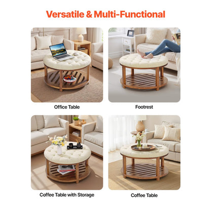 Large Round Ottoman Coffee Table 81cm Upholstered Tufted Linen Ottoman