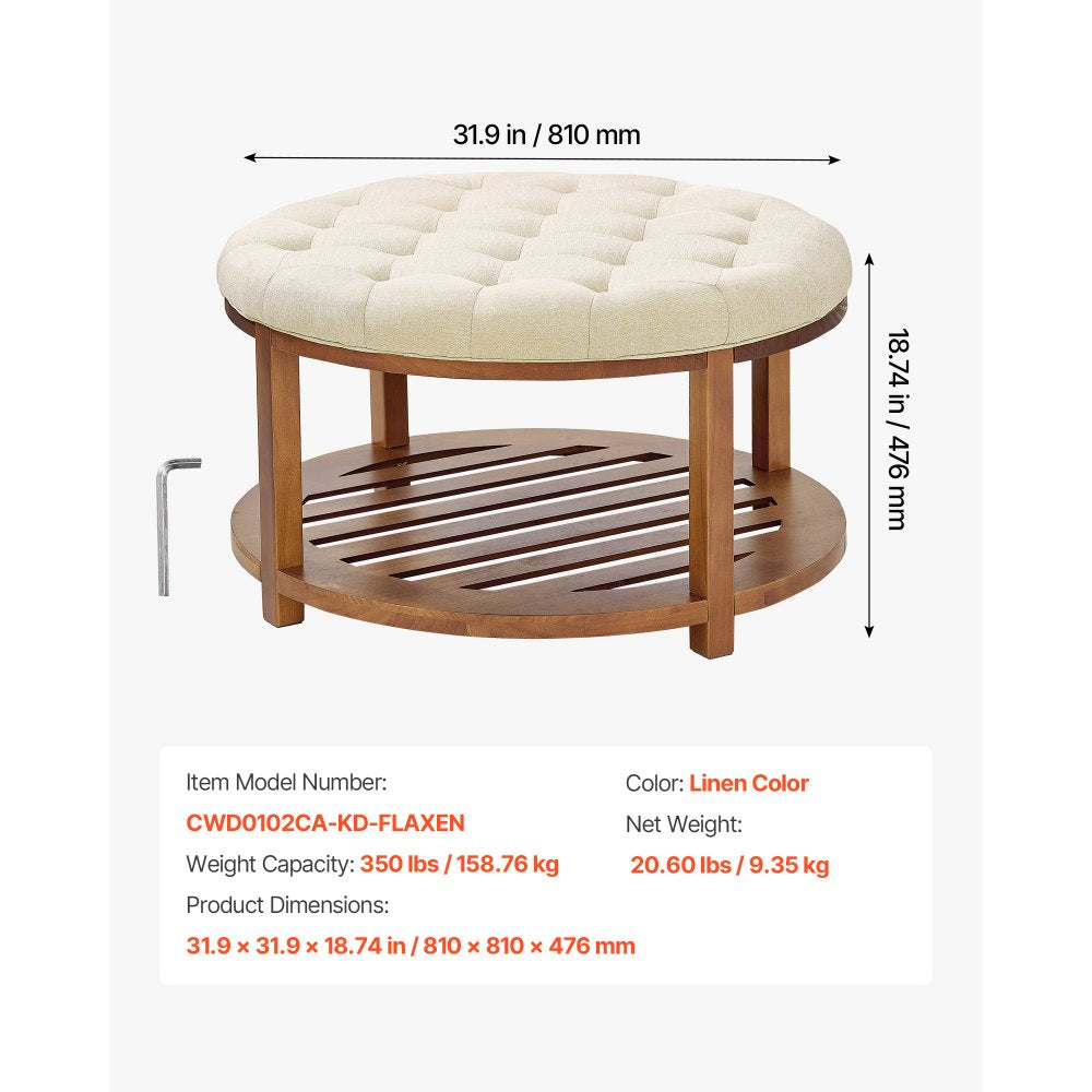 Large Round Ottoman Coffee Table 81cm Upholstered Tufted Linen Ottoman