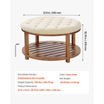 Large Round Ottoman Coffee Table 81cm Upholstered Tufted Linen Ottoman