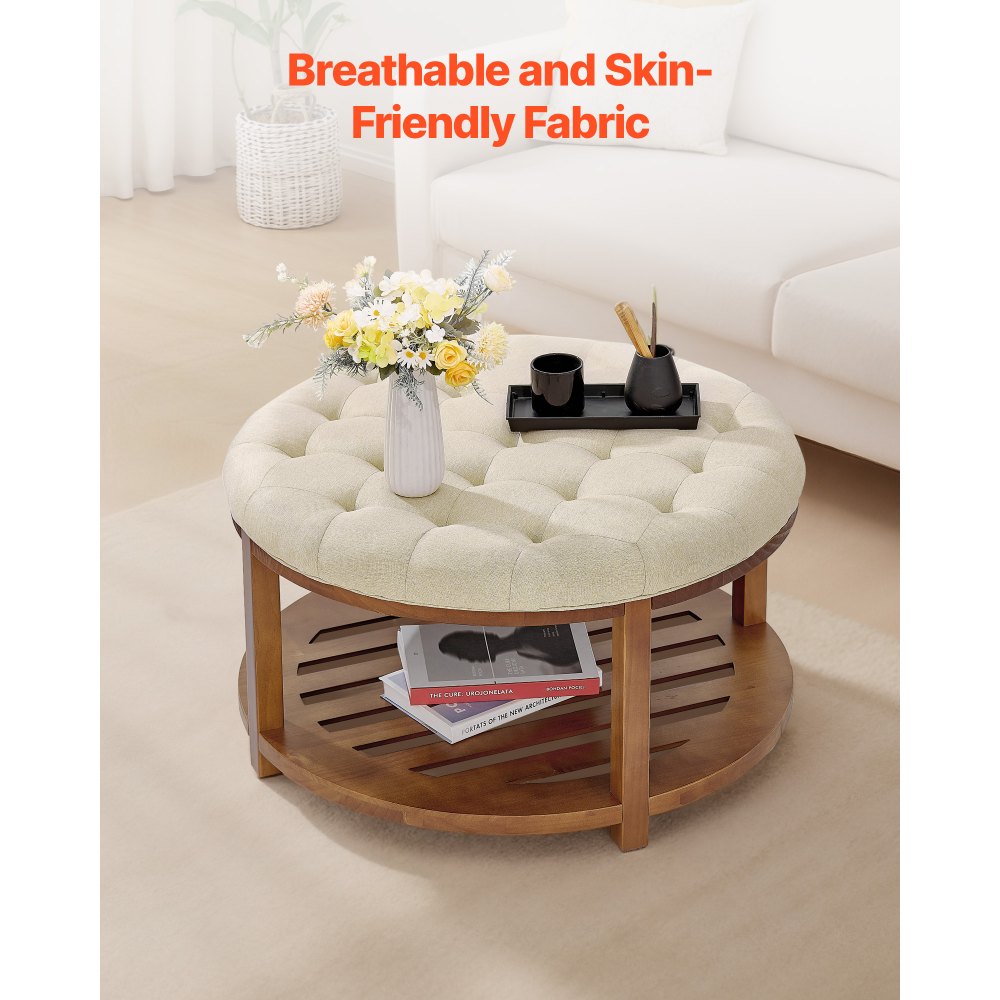 Large Round Ottoman Coffee Table 81cm Upholstered Tufted Linen Ottoman