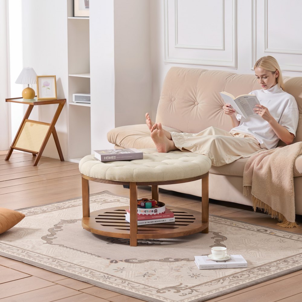 Large Round Ottoman Coffee Table 81cm Upholstered Tufted Linen Ottoman