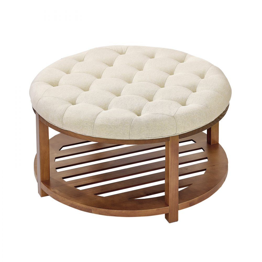 Large Round Ottoman Coffee Table 81cm Upholstered Tufted Linen Ottoman