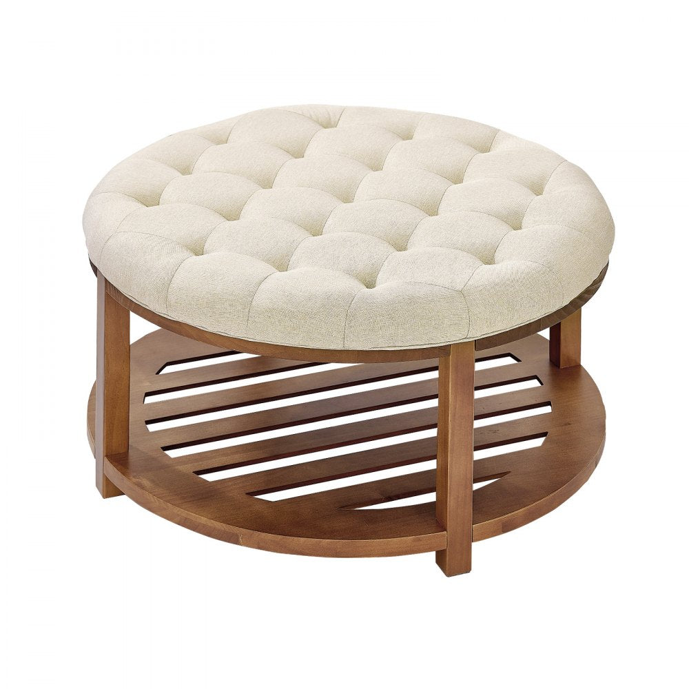 Large Round Ottoman Coffee Table 81cm Upholstered Tufted Linen Ottoman
