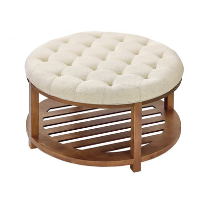 Large Round Ottoman Coffee Table 81cm Upholstered Tufted Linen Ottoman