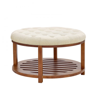 Large Round Ottoman Coffee Table 81cm Upholstered Tufted Linen Ottoman