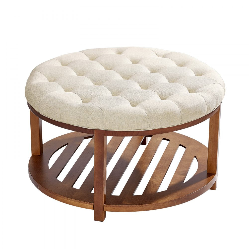 Large Round Ottoman Coffee Table 81cm Upholstered Tufted Linen Ottoman
