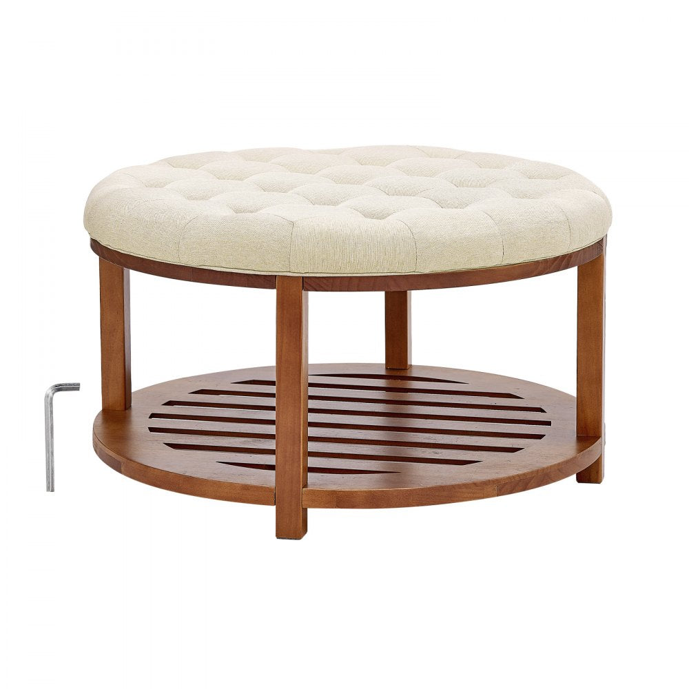 Large Round Ottoman Coffee Table 81cm Upholstered Tufted Linen Ottoman
