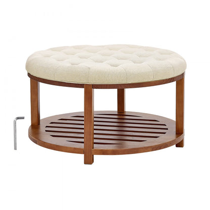 Large Round Ottoman Coffee Table 81cm Upholstered Tufted Linen Ottoman