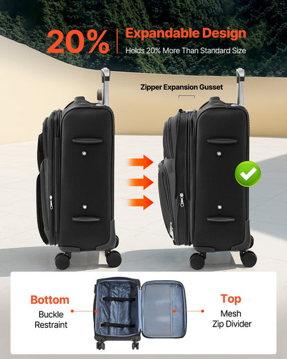 Softside Expandable Luggage with Spinner Wheels, 50.8 cm Softside Carry on Luggage, Lightweight Checked Suitcase with Expandable Zippered Pocket and TSA Lock, Black