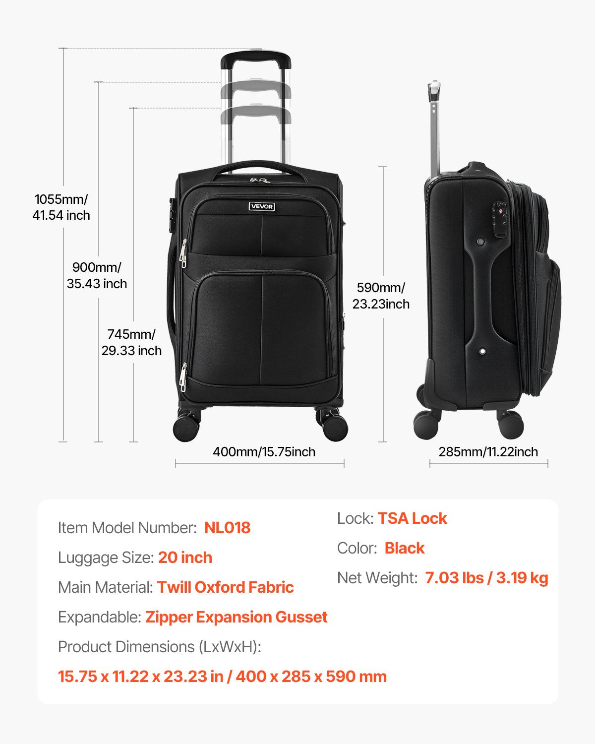 Softside Expandable Luggage with Spinner Wheels, 50.8 cm Softside Carry on Luggage, Lightweight Checked Suitcase with Expandable Zippered Pocket and TSA Lock, Black