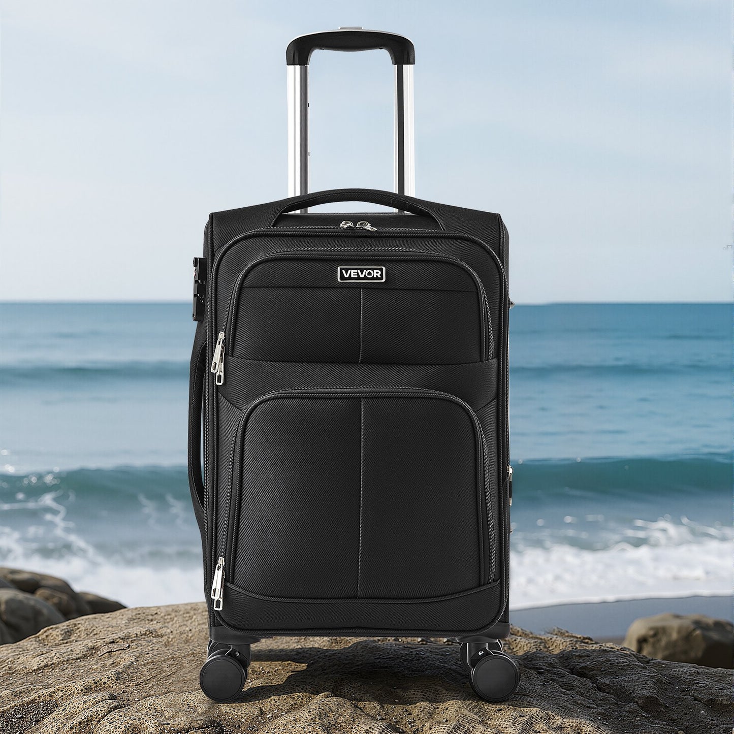 Softside Expandable Luggage with Spinner Wheels, 50.8 cm Softside Carry on Luggage, Lightweight Checked Suitcase with Expandable Zippered Pocket and TSA Lock, Black