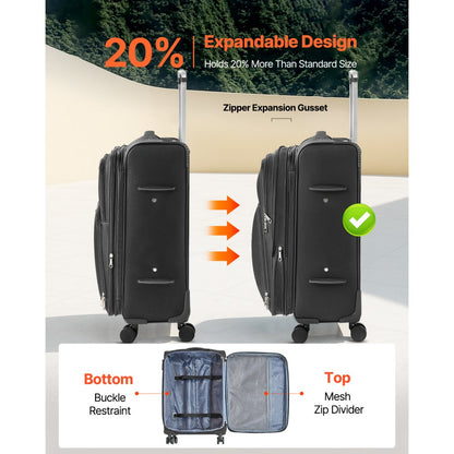 VEVOR 61cm Softside Expandable Luggage with Spinner Wheel Checked Suitcase Black