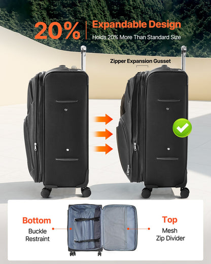 Softside Expandable Luggage with Spinner Wheels, 71 cm Softside Checked Large Luggage, Lightweight Checked Suitcase with Expandable Zippered Pocket and TSA Lock, Black
