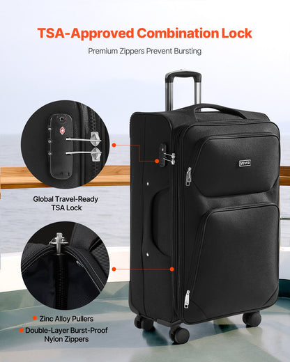 Softside Expandable Luggage with Spinner Wheels, 71 cm Softside Checked Large Luggage, Lightweight Checked Suitcase with Expandable Zippered Pocket and TSA Lock, Black