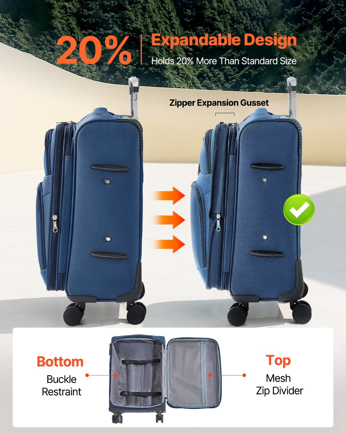 Softside Expandable Luggage with Spinner Wheels, 50.8 cm Softside Carry on Luggage, Lightweight Checked Suitcase with Expandable Zippered Pocket and TSA Lock, Blue