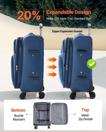 Softside Expandable Luggage with Spinner Wheels, 50.8 cm Softside Carry on Luggage, Lightweight Checked Suitcase with Expandable Zippered Pocket and TSA Lock, Blue