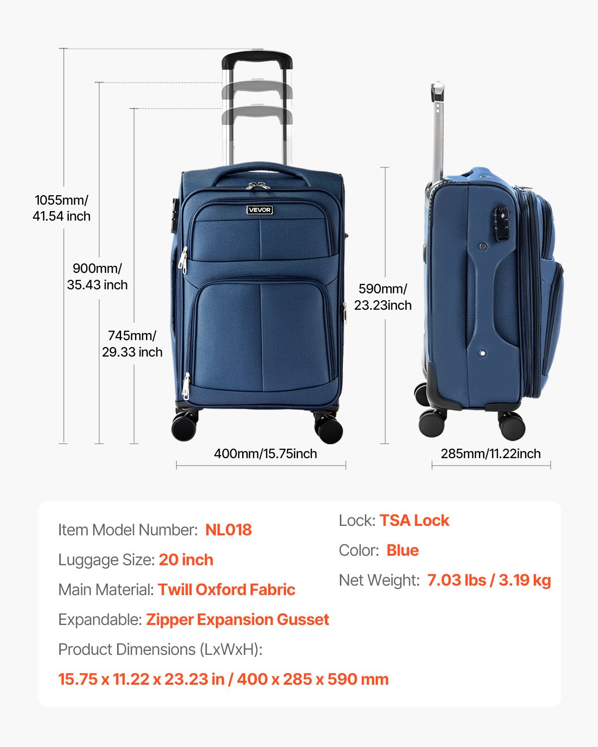 Softside Expandable Luggage with Spinner Wheels, 50.8 cm Softside Carry on Luggage, Lightweight Checked Suitcase with Expandable Zippered Pocket and TSA Lock, Blue