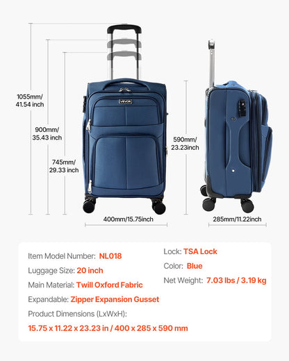 Softside Expandable Luggage with Spinner Wheels, 50.8 cm Softside Carry on Luggage, Lightweight Checked Suitcase with Expandable Zippered Pocket and TSA Lock, Blue