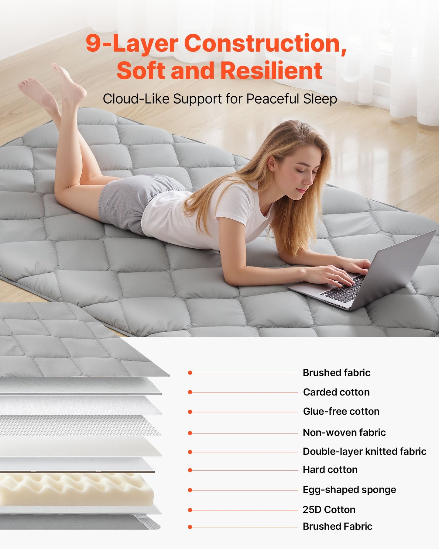 Japanese Tatami Mat, Twin Size Foldable Japanese Tatami Mattress, Futon Mattress with Storage Bag & Fastener, 9-Layer Floor Mat for Sleeping, Dorm, Meditation, Yoga, 2032 x 991 x 63.5 mm, Gray
