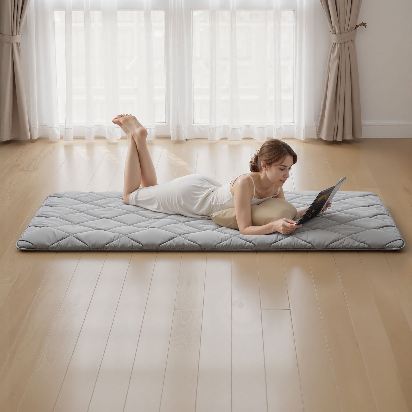 Japanese Tatami Mat, Twin Size Foldable Japanese Tatami Mattress, Futon Mattress with Storage Bag & Fastener, 9-Layer Floor Mat for Sleeping, Dorm, Meditation, Yoga, 2032 x 991 x 63.5 mm, Gray