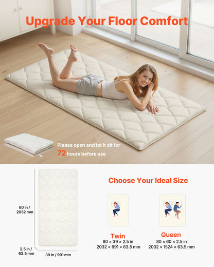 Japanese Tatami Mat, Twin Size Foldable Japanese Tatami Mattress, Futon Mattress with Storage Bag & Fastener, 9-Layer Floor Mat for Sleeping, Dorm, Meditation, Yoga, 2032 x 991 x 63.5 mm, White