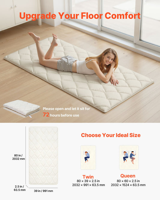 Japanese Tatami Mat, Twin Size Foldable Japanese Tatami Mattress, Futon Mattress with Storage Bag & Fastener, 9-Layer Floor Mat for Sleeping, Dorm, Meditation, Yoga, 2032 x 991 x 63.5 mm, White
