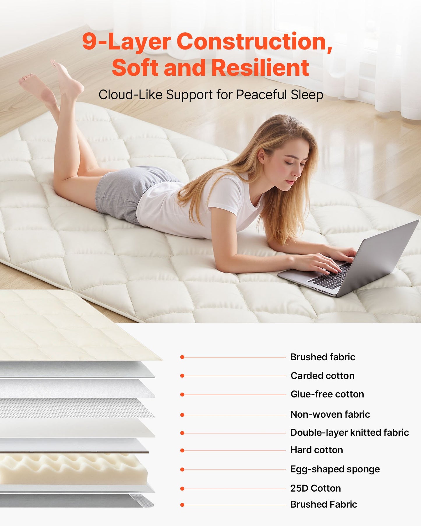 Japanese Tatami Mat, Twin Size Foldable Japanese Tatami Mattress, Futon Mattress with Storage Bag & Fastener, 9-Layer Floor Mat for Sleeping, Dorm, Meditation, Yoga, 2032 x 991 x 63.5 mm, White
