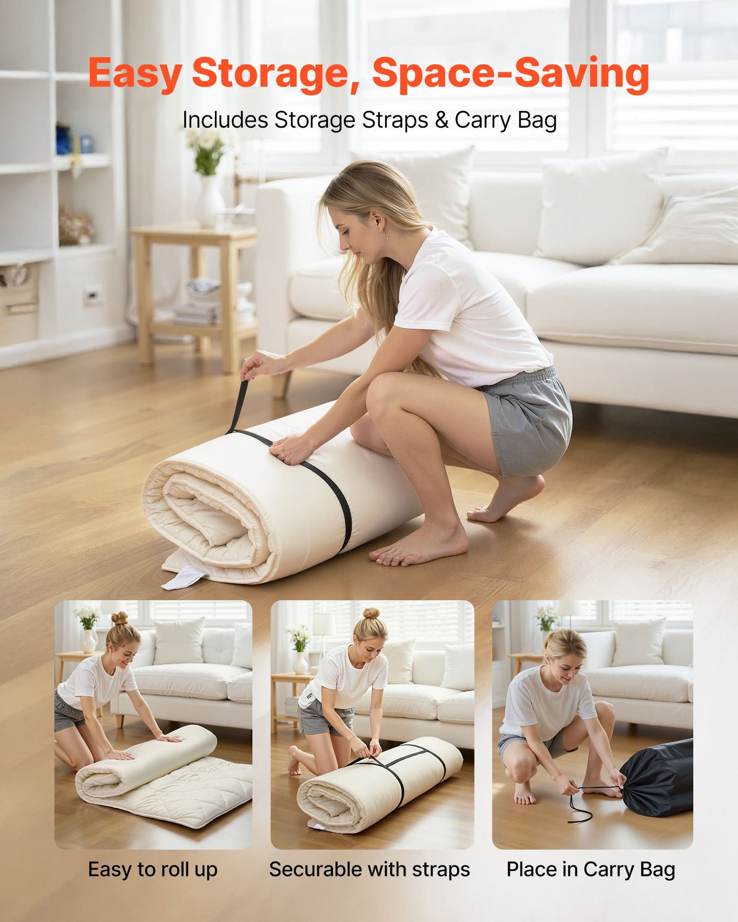 Japanese Tatami Mat, Twin Size Foldable Japanese Tatami Mattress, Futon Mattress with Storage Bag & Fastener, 9-Layer Floor Mat for Sleeping, Dorm, Meditation, Yoga, 2032 x 991 x 63.5 mm, White