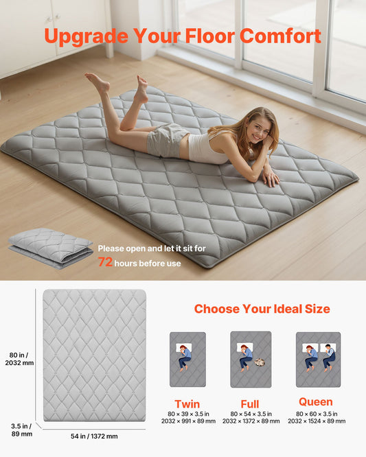 Japanese Tatami Mat, Full Size Foldable Japanese Tatami Mattress, Futon Mattress with Storage Bag & Fastener, 9-Layer Floor Mat for Sleeping, Dorm, Meditation, Yoga, 2032 x 1372 x 89 mm, Gray