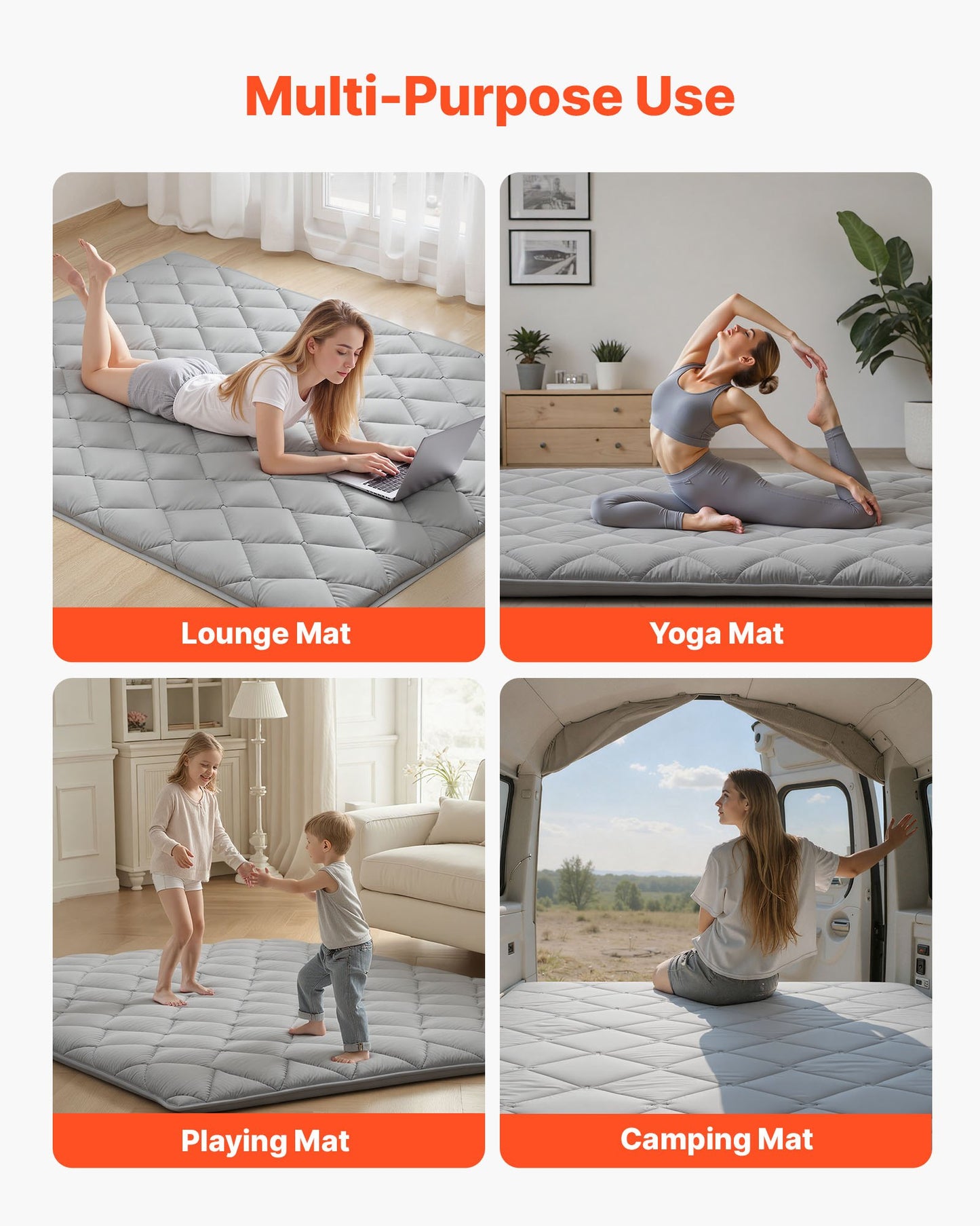 Japanese Tatami Mat, Queen Size Foldable Japanese Tatami Mattress, Futon Mattress with Storage Bag & Fastener, 9-Layer Floor Mat for Sleeping, Dorm, Meditation, Yoga, 2032 x 1524 x 63.5 mm, Gray