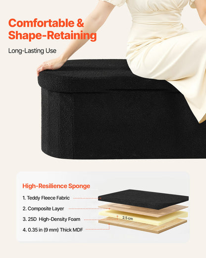 Oval Storage Ottoman Bench, Foldable Teddy Fleece End of Bed Bench, Folding Upholstered Bed Ottoman Chest with Large Storage Space, Supports 660 lbs, for Living Room, Bedroom, Entryway, Black