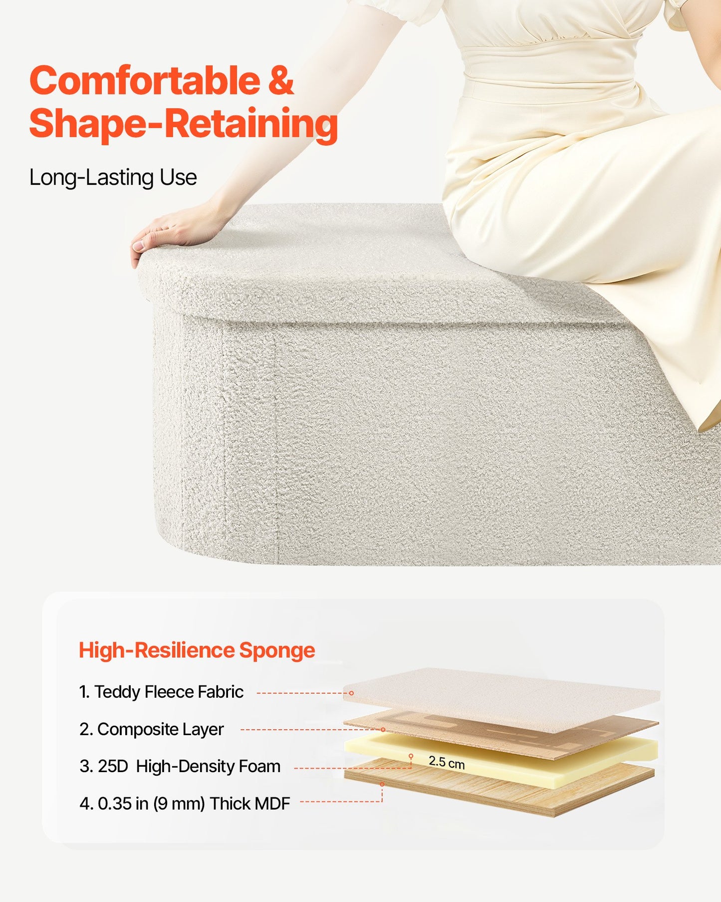 Oval Storage Ottoman Bench, Foldable Teddy Fleece End of Bed Bench, Folding Upholstered Bed Ottoman Chest with Large Storage Space, Supports 660 lbs, for Living Room, Bedroom, Entryway, Beige