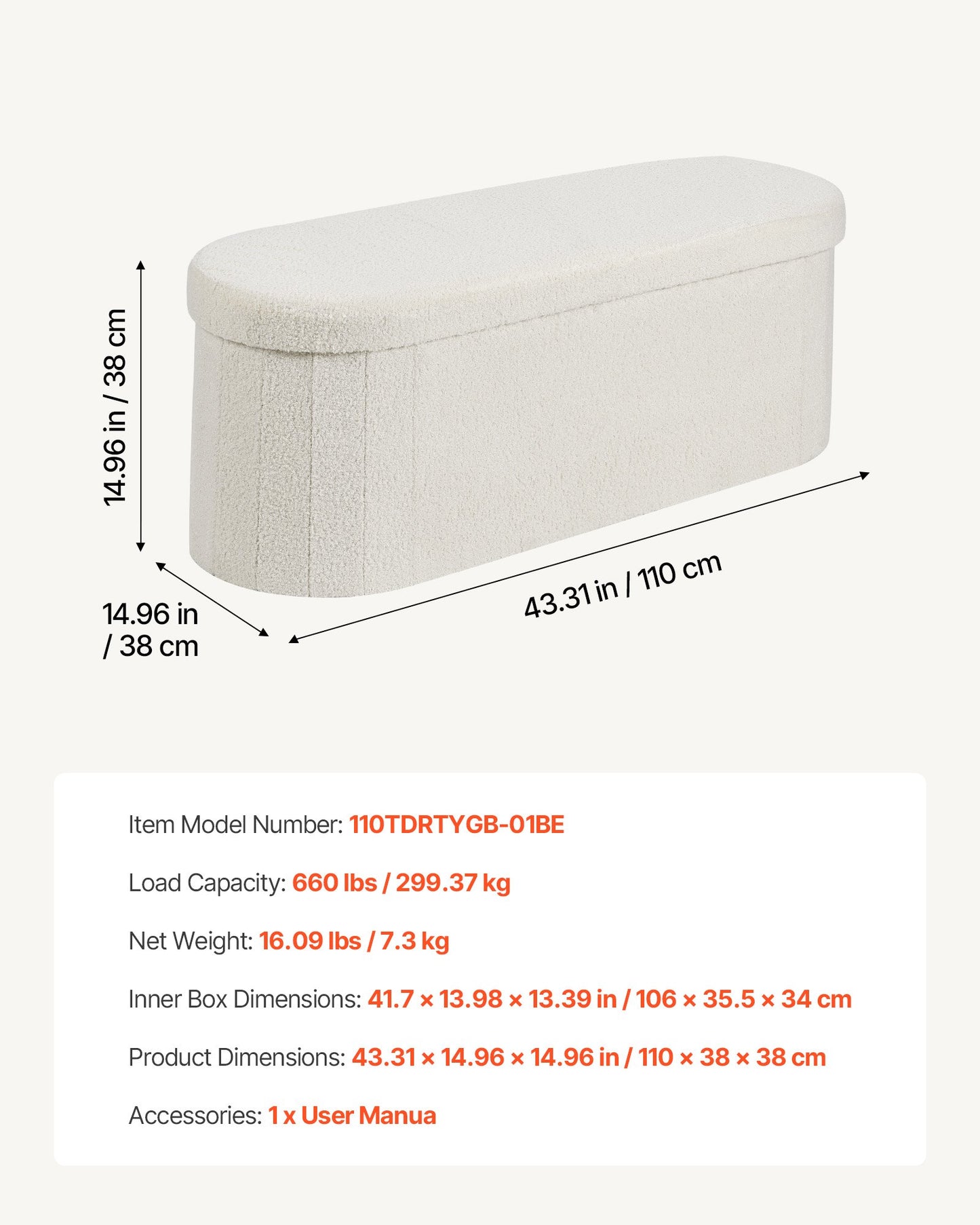 Oval Storage Ottoman Bench, Foldable Teddy Fleece End of Bed Bench, Folding Upholstered Bed Ottoman Chest with Large Storage Space, Supports 660 lbs, for Living Room, Bedroom, Entryway, Beige