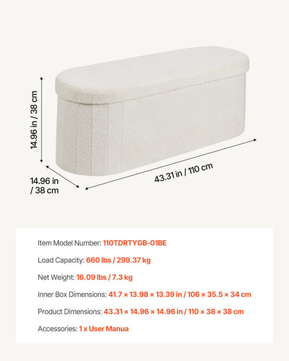 Oval Storage Ottoman Bench, Foldable Teddy Fleece End of Bed Bench, Folding Upholstered Bed Ottoman Chest with Large Storage Space, Supports 660 lbs, for Living Room, Bedroom, Entryway, Beige