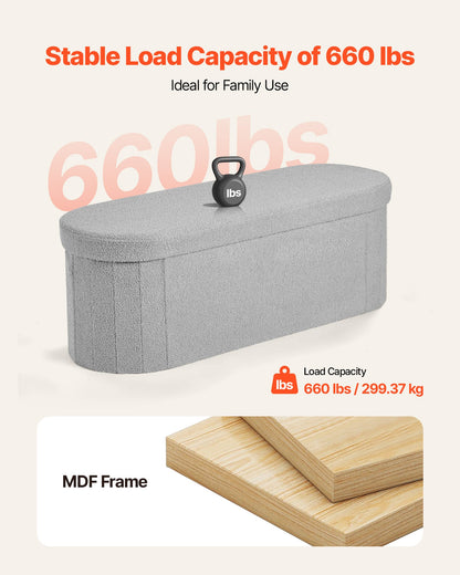 Oval Storage Ottoman Bench, Foldable Teddy Fleece End of Bed Bench, Folding Upholstered Bed Ottoman Chest with Large Storage Space, Supports 660 lbs, for Living Room, Bedroom, Entryway, Grey