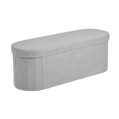 Oval Storage Ottoman Bench, Foldable Teddy Fleece End of Bed Bench, Folding Upholstered Bed Ottoman Chest with Large Storage Space, Supports 660 lbs, for Living Room, Bedroom, Entryway, Grey