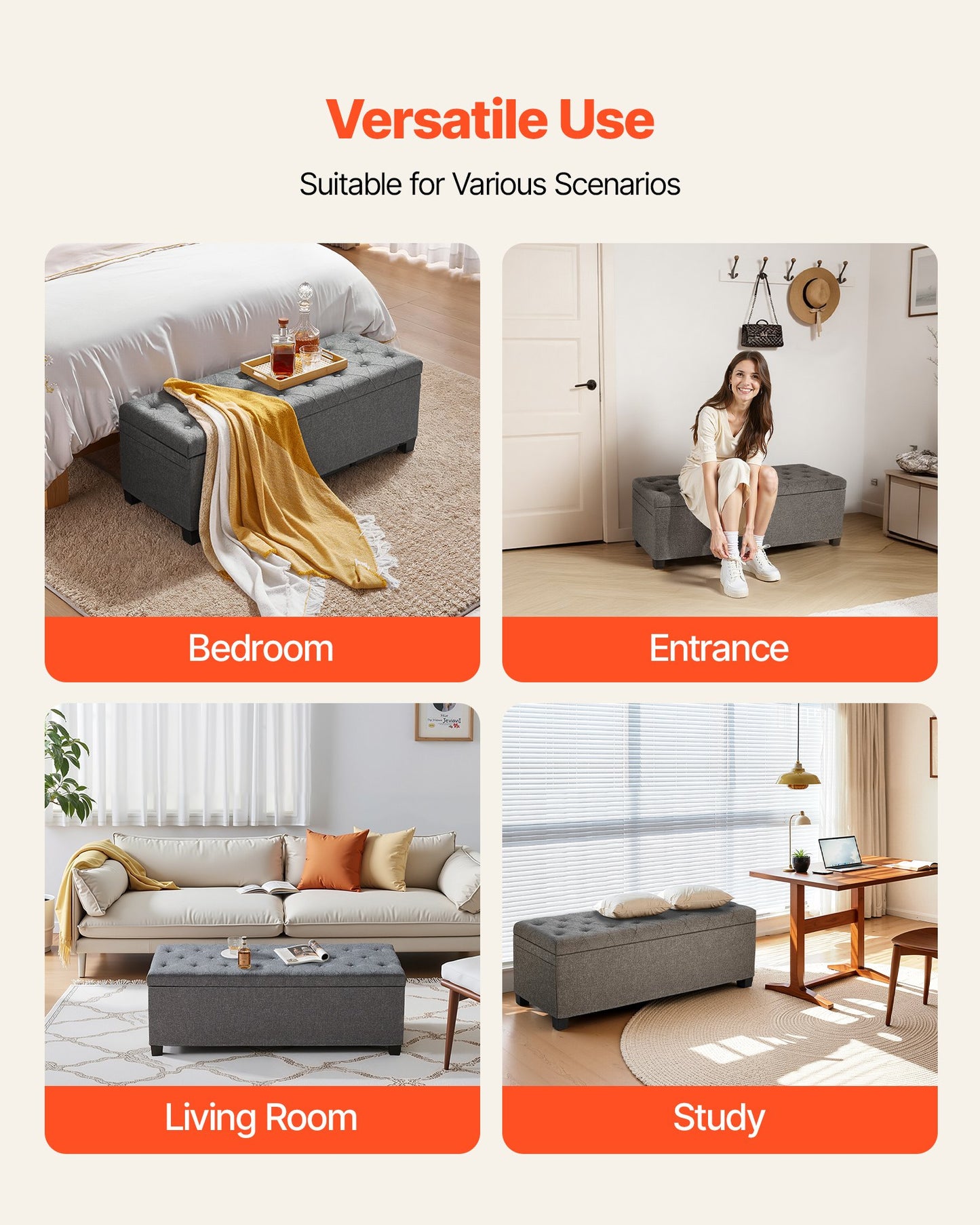 Storage Ottoman Bench, Button-Tufted End of Bed Bench with Side Bags, Flip-up Upholstered Storage Chest with Metal Frame, Linen Bed Ottoman for Living Room, Bedroom, Entryway, Office, Grey