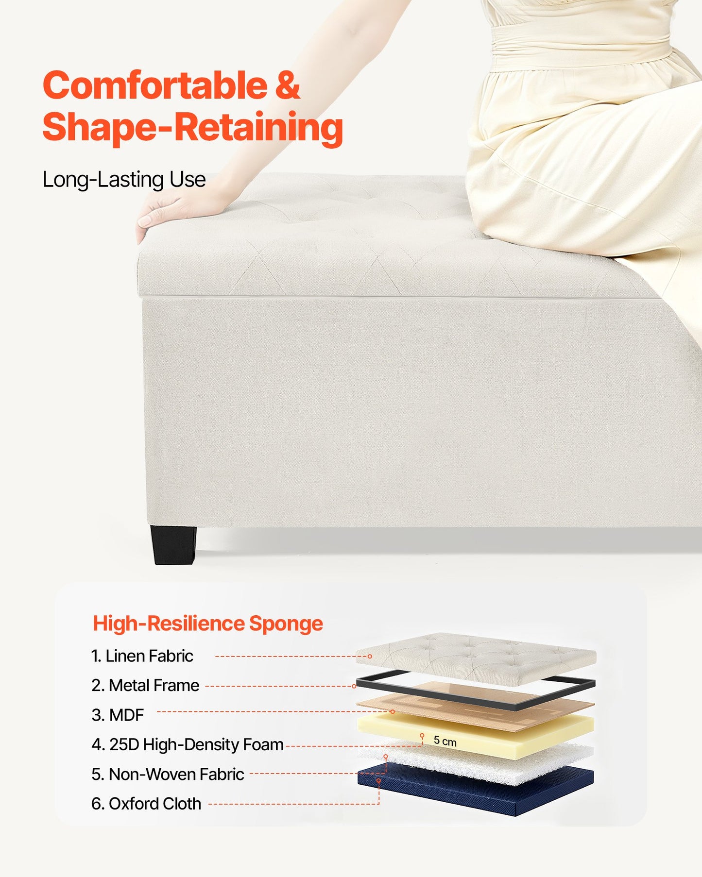 Storage Ottoman Bench, Button-Tufted End of Bed Bench with Side Bags, Flip-up Upholstered Storage Chest with Metal Frame, Linen Bed Ottoman for Living Room, Bedroom, Entryway, Office, Beige