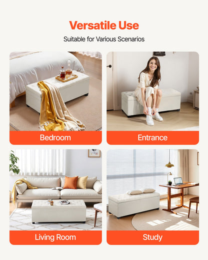 Storage Ottoman Bench, Button-Tufted End of Bed Bench with Side Bags, Flip-up Upholstered Storage Chest with Metal Frame, Linen Bed Ottoman for Living Room, Bedroom, Entryway, Office, Beige
